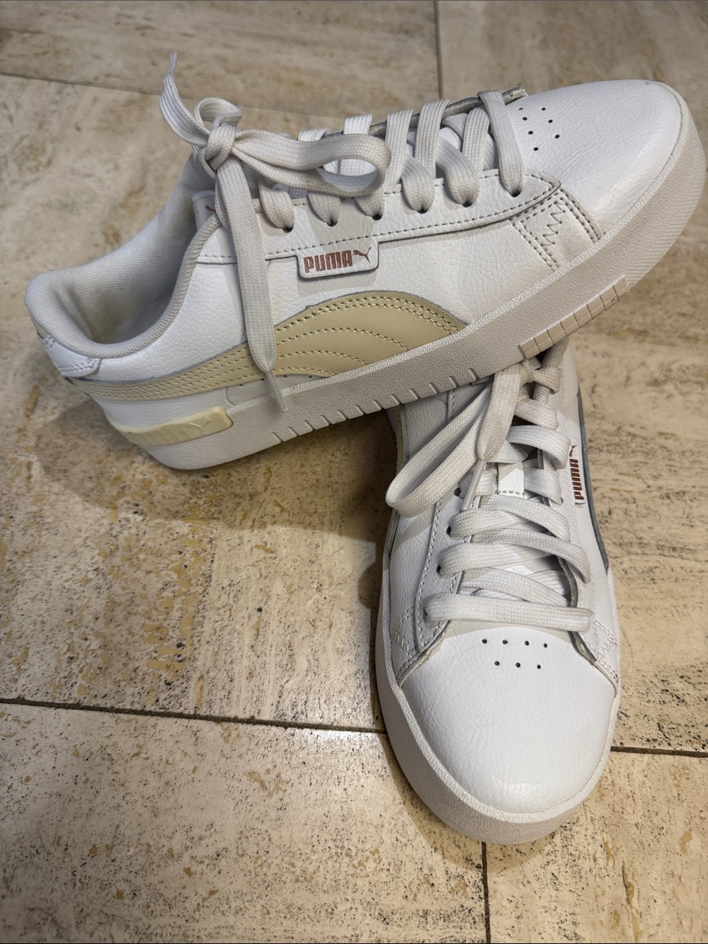 Puma White Leather Sneakers with Cream Accent